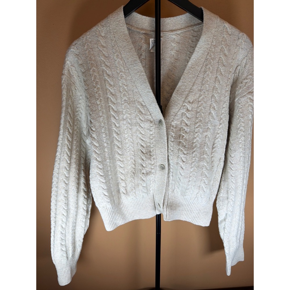 PINK Victoria's Secret Cable Knit Cardigan Sweater Oatmeal Beige V-Neck Womens M